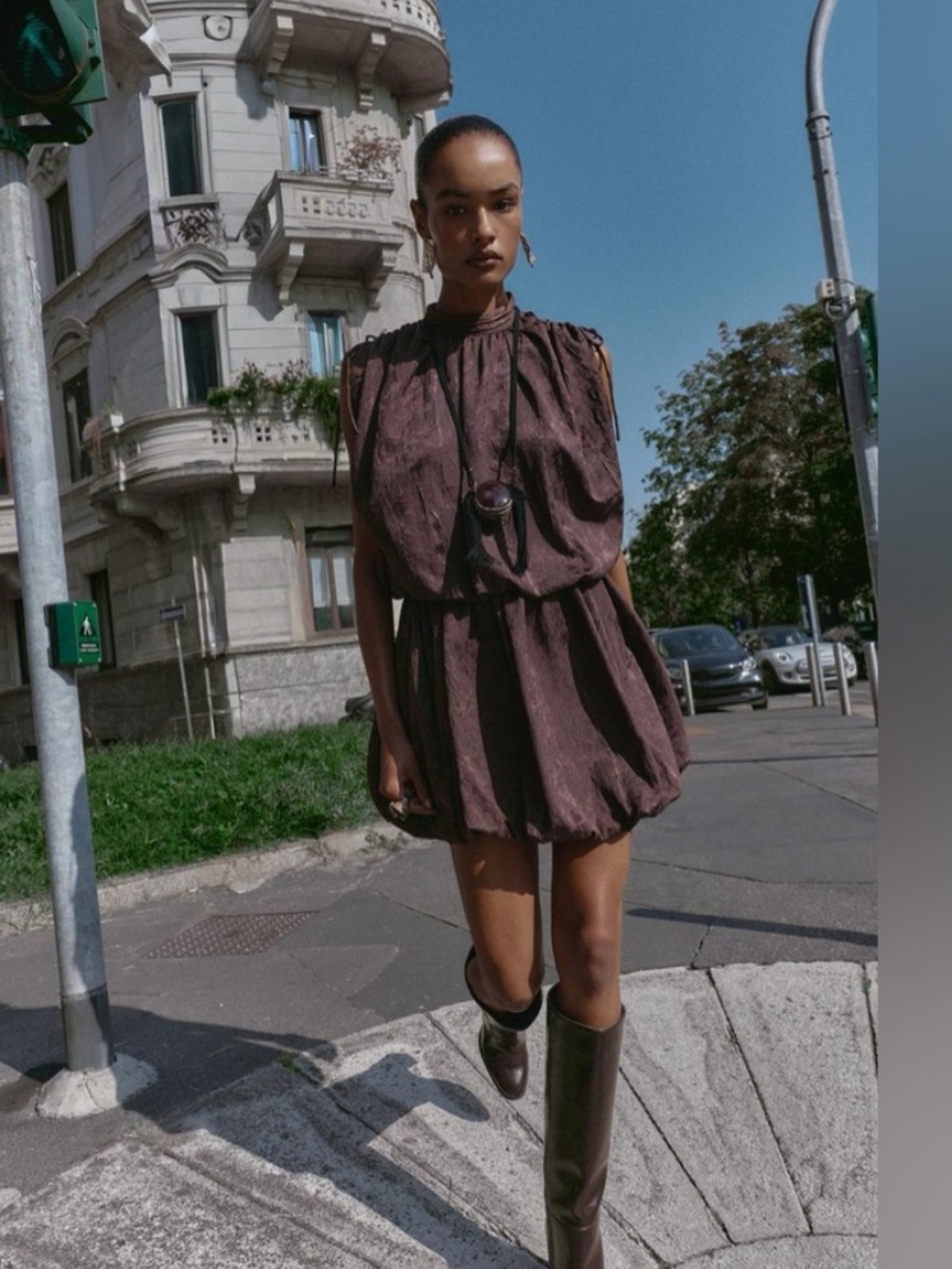 Zara Dark Brown Sleeveless Bubble-Hem Mini Dress